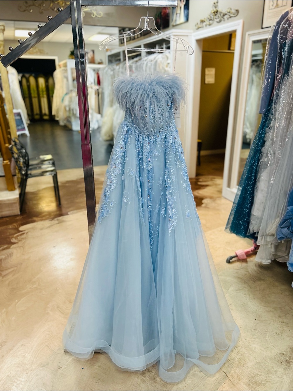 Ava Presley Strapless Feather Trim Light Blue Prom Dress